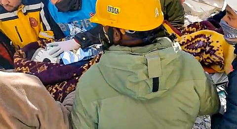 India's NDRF personnel during rescue and relief operations in earthquake-hit Turkiye, in Gaziantep, Thursday. Feb. 9, 2023. (Photo | Video grab @PIBHomeAffairs)