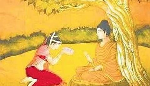 A painting of Ambapali paying obeisance to Buddha