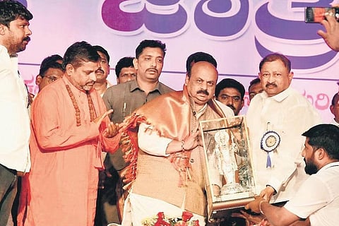 CM Basavaraj Bommai being felicitated at the Valmiki Jatra at Rajanahalli Gurupeet in Davanagere district on Thursday | Express