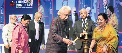Adoor Gopalakrishnan, filmmaker, lighting the lamp at the inauguration of the two-day ThinkEdu Conclave 2023 along with Lakshmi Menon, CEO, TNIE; UU Lalit, former CJI; Manoj Kumar Sonthalia, Chairman