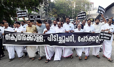 Opposition MLA s led by leader of the opposition walk in protest to the Assembly from MLA quarters against the tax proposal in the Budget (Photo | Vincent Pulickal, EPS)
