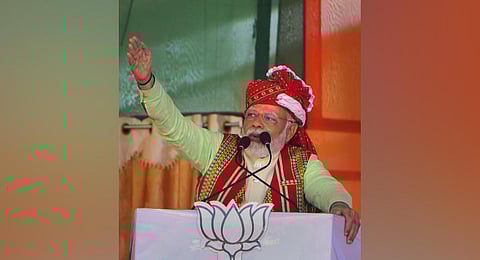 : Prime Minister Narendra Modi addresses during a 'Vijay Sankalp Rally' for the upcoming Tripura Assembly elections (Photo |  PTI)