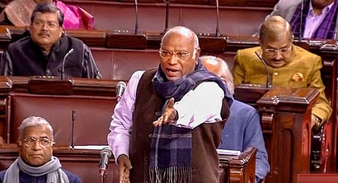 Mallikarjun Kharge at the Parliament during Budget Session on Thursday | PTI
