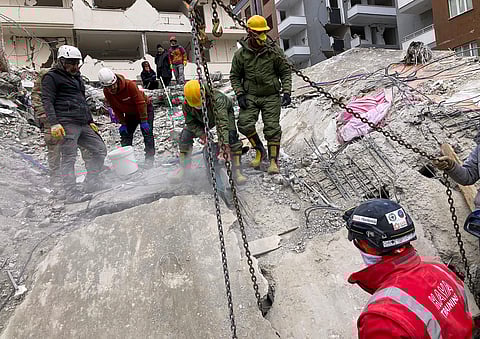 India's NDRF personnel along with the Turkish Army during rescue and relief operations in earthquake-hit Turkiye, in Gaziantep, Feb.10, 2023. (Photo | PTI)
