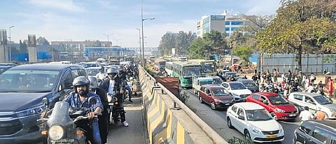 The traffic jam on Ballari Road near Yelahanka on Saturday  | Vinod Kumar T