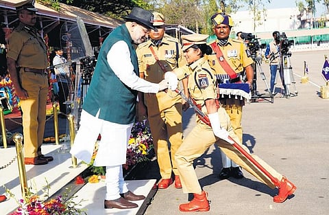 Amit Shah presents the IPS Association’s Sword of Honour to Diksha, IPS (P) from Bihar cadre at the Sardar Vallabhbhai Patel National Police Academy on Saturday