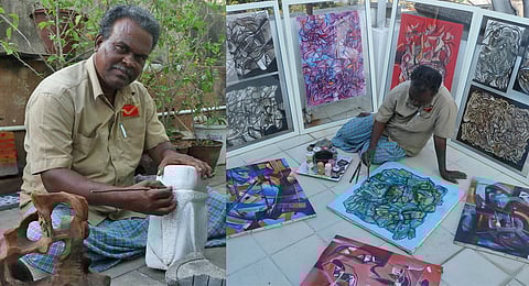 KM Saravanan is a national artist recognised by Lalit Kala Academy, New Delhi. (Photo | Sriram R, EPS)