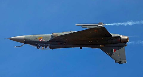 Tejas aircraft on a sortie during the full dress rehearsal of Aero India 2023, at Yelahanka air base in Bengaluru, Saturday, Feb. 11, 2023. (PTI)
