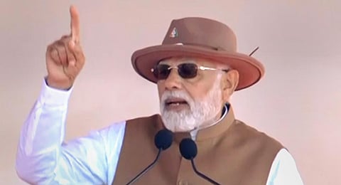 Prime Minister Narendra Modi addresses during the inaugural ceremony of Aero India 2023, in Bengaluru. (Photo | PTI)