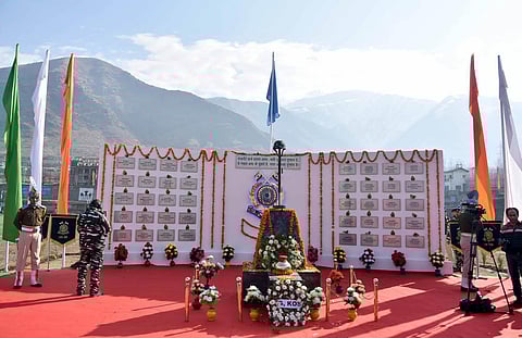 Forty soldiers had made the supreme sacrifice after a suicide bomber rammed an explosive-laden car into the CRPF convoy, on February 14, 2019. Indian army, CRPF and other security forces pay floral tributes to the martyrs. (Photo | Zahoor Punjabi, EPS)