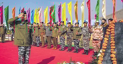 CRPF ADG Daljit Singh Chawdhary and other Armed Forces personnel pay tribute to victims of the 2019 Pulwama attack, at a memorial in Lethpora on Tuesday | PTI
