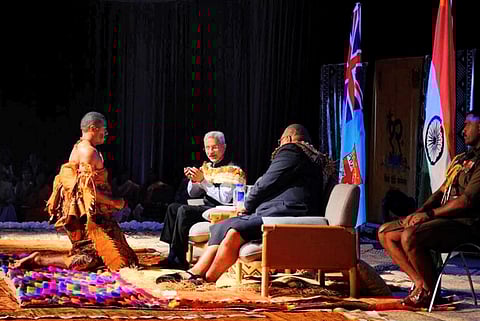 External Affairs Minister S Jaishankar with Fiji President Wiliame Katonivere at the 12th Vishwa Hindi Sammelan in Nandi, Fiji, Feb. 14, 2023. (Photo | PTI)
