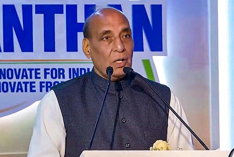Defence Minister Rajnath Singh speaks at the annual start-up event 'Manthan', during Aero India 2023 in Bengaluru, Wednesday, Feb. 15, 2023. (Photo | PTI)