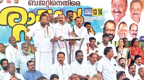 Leader of Opposition V D Satheesan at the culmination of the day-and-night protest against the fuel cess in Thiruvananthapuram on Tuesday | B P Deepu