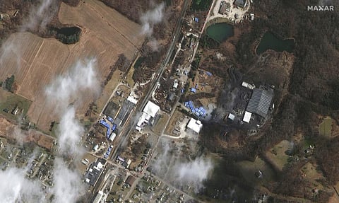 This satellite image provided by Maxar Technologies shows an overview of the aftermath of the Norfolk Southern train derailment on Wednesday, Feb. 15, 2023, in East Palestine, Ohio. (Photo | AP)