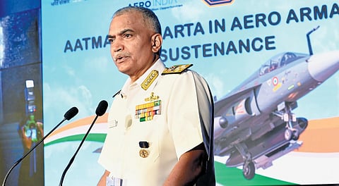 Chief of Naval Staff Admiral R Hari Kumar speaking at the Aero India 2023 in Bengaluru on Wednesday | Nagaraja Gadekal
