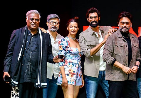 Actors Ashish Vidyarthi, Sushant Singh, Surveen Chawla, Rana Daggubati and Daggubati Venkatesh during the trailer launch of 'Rana Naidu'. (Photo | PTI)