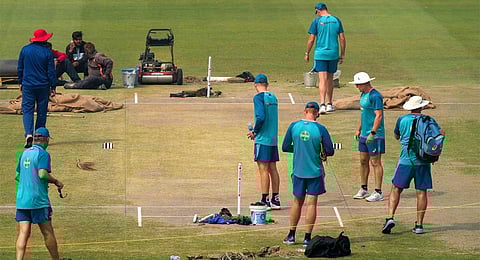 Australian players during a practice session ahead of the 2nd test cricket match between India and Australia, at the Arun Jaitley Stadium, in New Delhi, Thursday, Feb. 16, 2023. (PTI )