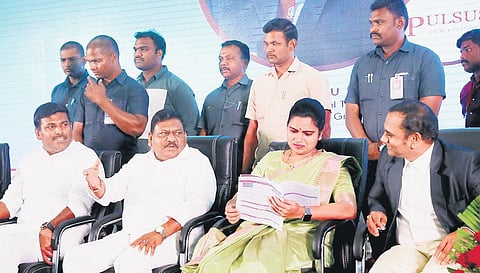 Ministers Gudivada Amarnath, Rajanna Dora Peedika and Vidadala Rajini take part in the Global Tech Summit in Visakhapatnam on Thursday | G Satyanarayana