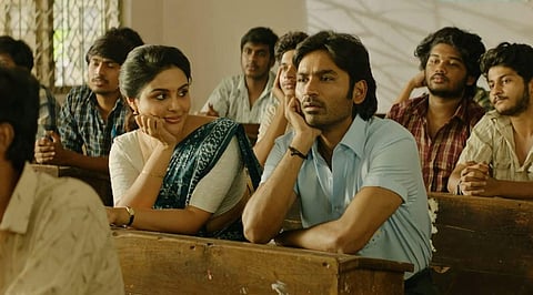 A still from the newly released film, 'Vaathi' starring Dhanush and Samyuktha. (Photo | IMDb)