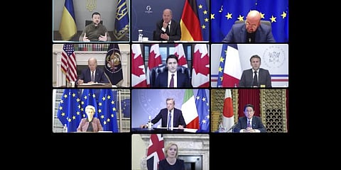 A file photo of Ukrainian President Volodymyr Zelenskyy attending a video conference with G7 leaders, Oct. 11, 2022. (Photo | AP)