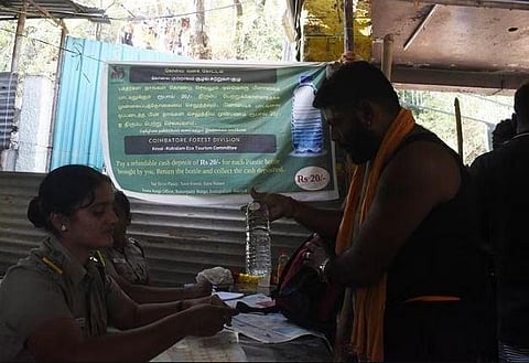 Forest department collects Rs 20 deposit for a plastic bottle at Velliangiri