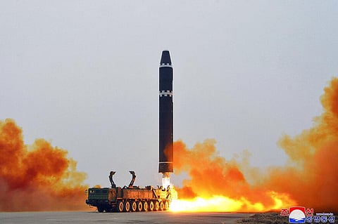 A test launch of a Hwasong-15 intercontinental ballistic missile at Pyongyang International Airport in Pyongyang, North Korea Saturday, Feb. 18, 2023. (Photo | AP)