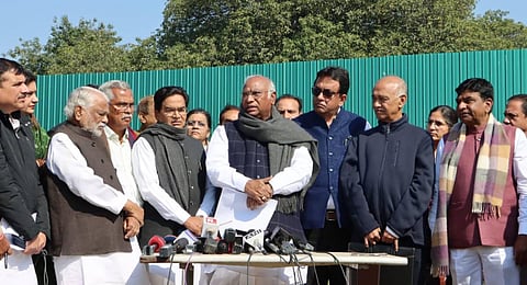 Opposition parties leaders addresses the media outside the parliament house in New Delhi on Thursday. (Photo |Express)