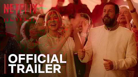 A scene from the trailer of the upcoming Netflix movie, 'Murder Mystery 2' starring Jennifer Aniston in a Manish Malhotra lehenga along with in Adam Sandler. (Photo | YouTube screengrab)