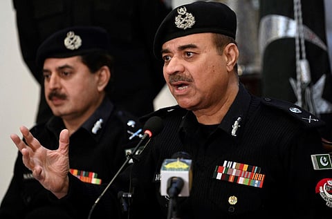Moazzam Jah Ansari, head of the Khyber-Pakhtunkhwa province police force, speaks during a press conference at the Police Headquarters in Peshawar on February 2, 2023. (Photo | AFP)