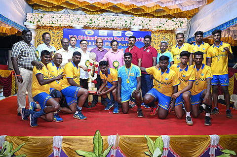 VO Chidambaranar Port Authority Deputy Chairman Bimal Kumar Jha distributing prizes and trophies to the winning VOC volleyball and beach volleyball team. | Express