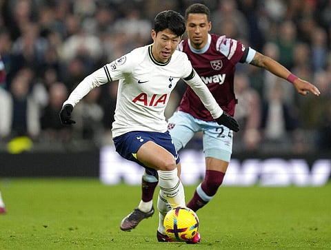 Son Heung-min in action during the English Premier League soccer match between Tottenham Hotspur and West Ham United at Tottenham Hotspur stadium in London, Feb. 19, 2023. (Photo | AP)