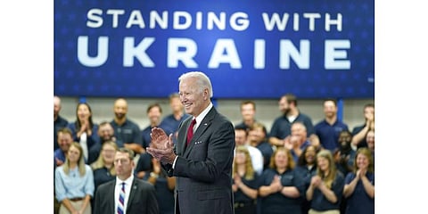 US President Joe Biden smiles before speaking on security assistance to Ukraine during a visit to the Lockheed Martin Pike County Operations facility, May 3, 2022. (File Photo | AP)