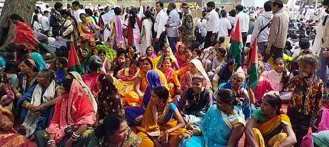 The NREGA workers on an indefinite protest in Delhi against a new photo-attendance App. (Photo | NREGA Sangharsh Morcha, Twitter)