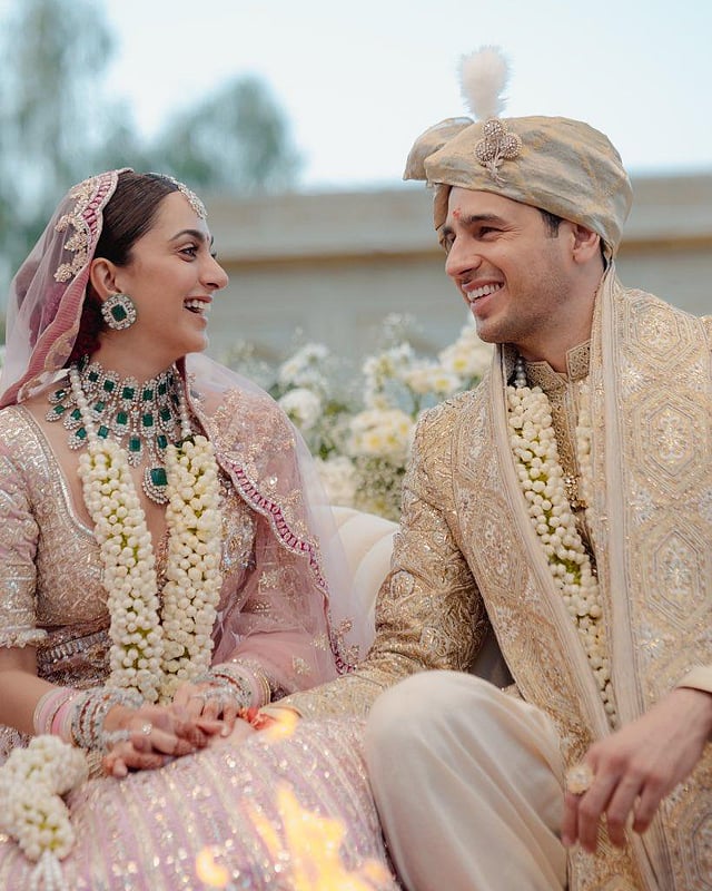 Sidharth looked handsome in a golden embroidered sherwani and matching safa. (Photo | Kiara Advani Instagram)