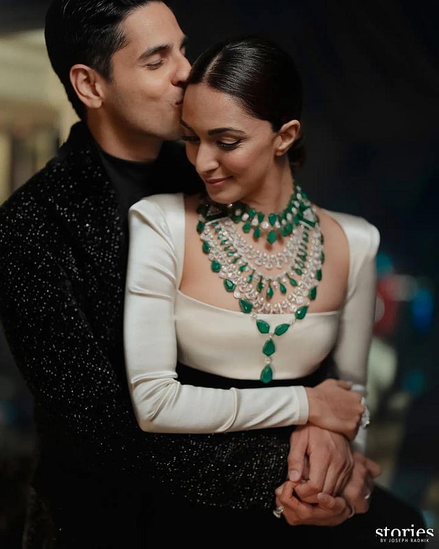 Photographer Joseph Radhik shared this photo of the two with this caption: 'Here's to Kiara and Sid. Mumbai, 2023. Made this portrait in a flash on a memorable evening in Lower Parel. Lit by a single strobe in a softbox in my mini studio behind a large curtain held up by @nikibhasin @i_ivin and @sprinkledwords. But most importantly, the just married glow provided by these two beautiful and happy peepul.'