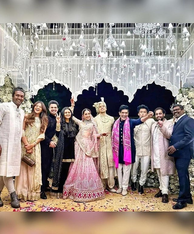 Kiara and Sidharth with designer Manish Malhotra and others on their wedding day. (Photo | Instagram)