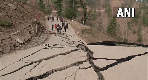 Cracks & damage to roads in Ramban, 13 houses damaged due to landslides. (Photo | ANI)