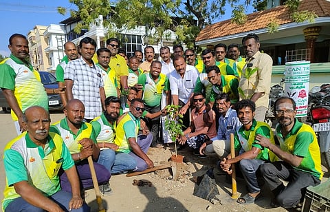 Thoothukudi corporation mayor NP Jegan Periyasamy inaugurating tree saplings planting drive along State bank colony road. | Express