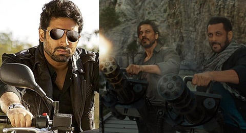 Abhishek Bachchan in 'Dhoom'; Shah Rukh and Salman Khan in 'Pathaan'.