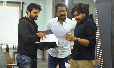 (L) Sai Dharam Tej, Samuthirakani  (middle) with Pawan Kalyan (R).