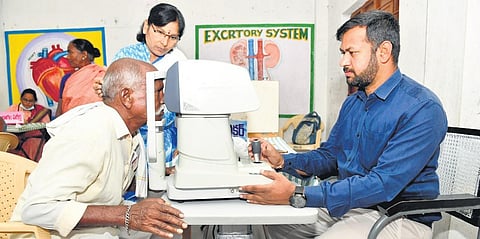 An image of a health worker screening the eyes of an elderly person. (File Photo)