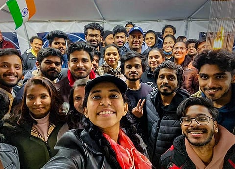 Jisna Jiji (C), sixth year medical student, who was evacuated from Ukraine last year. Jisna is currently studying in Russia. (Photo | PTI)