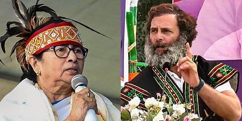 A collage of West Bengal CM Mamata Banerjee (L) and Congress leader Rahul Gandhi speaking at their respective party rallies in poll bound Meghalaya. (Photo | PTI)