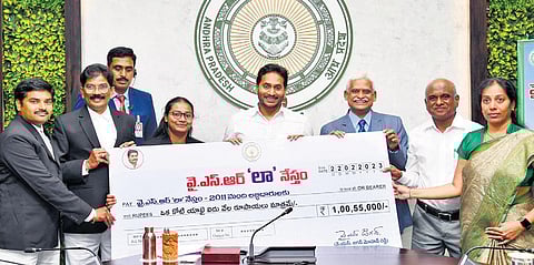 Chief Minister YS Jagan Mohan Reddy releases aid under the YSR Law Nestham Scheme for junior advocates at his camp office in Tadepalli on Wednesday I Express