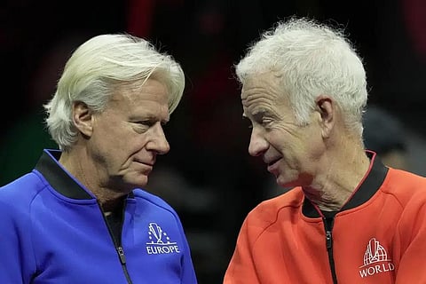Team Europe's Captain Bjorn Borg, left, chats with Team World's captain John McEnroe, on the second day of the Laver Cup tennis tournament at the O2 in London, Saturday, Sept. 24, 2022. (Photo | AP)