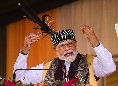 Prime Minister Narendra Modi addresses a public rally ahead of Meghalaya Legislative Assembly elections, at Tura in West Garo Hills. (Photo | PTI)