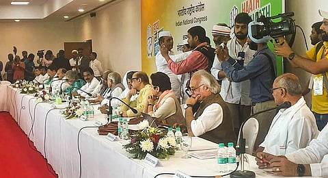 Congress party leaders at the Steering Committee during the 85th Plenary Session of the Indian National Congress, in Raipur, Chhattisgarh. (Photo | PTI)