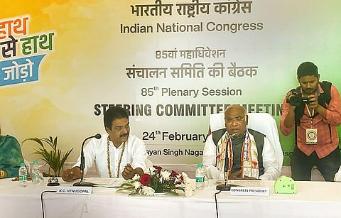 Congress President Mallikarjun Kharge with party leader KC Venugopal at the Steering Committee during the party's 85th Plenary Session in Raipur, Feb. 24, 2023. (Photo | PTI)