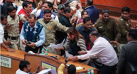 Mayor Shelly Oberoi prepares to leave amid clashes between councillors, at the Civic Centre, on Friday | PTI